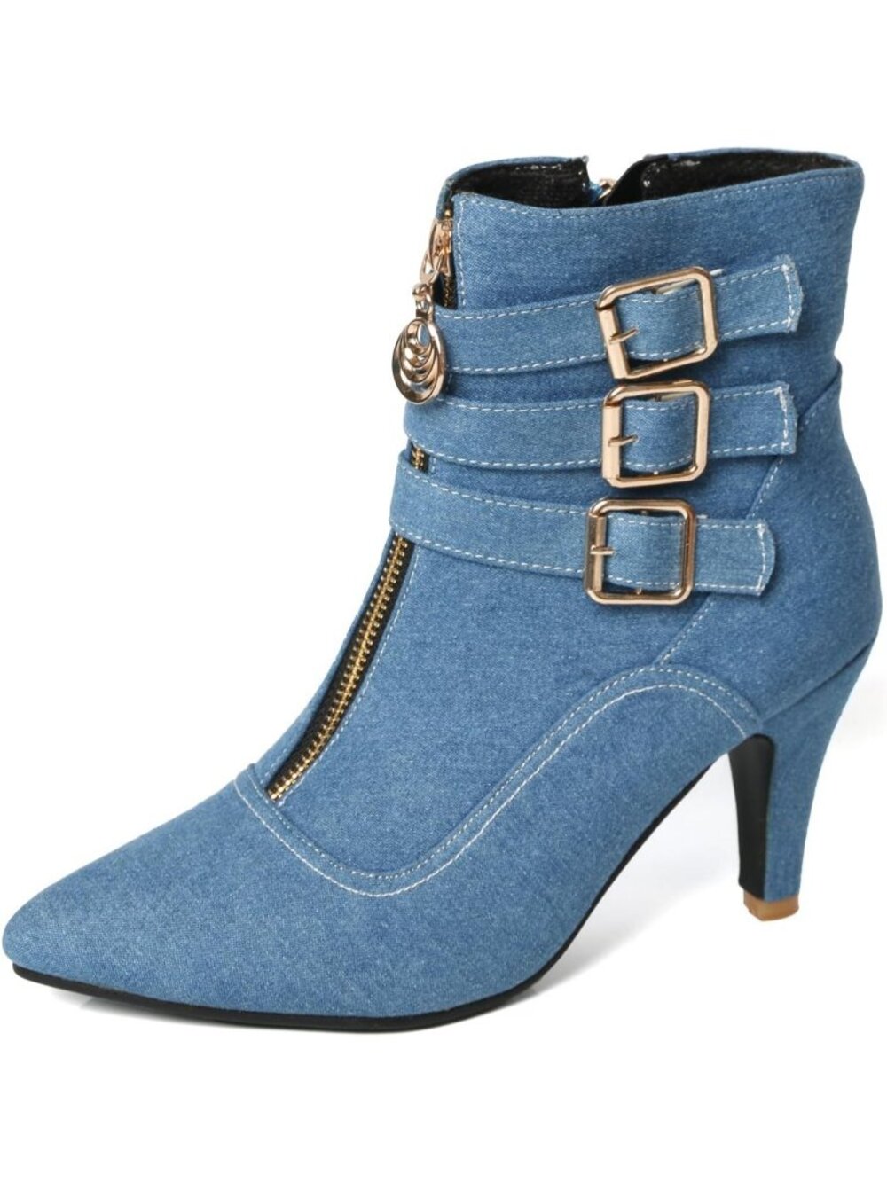 Women's Denim Blue High Heels Pointed Toe Ankle Short Booties High Heeled